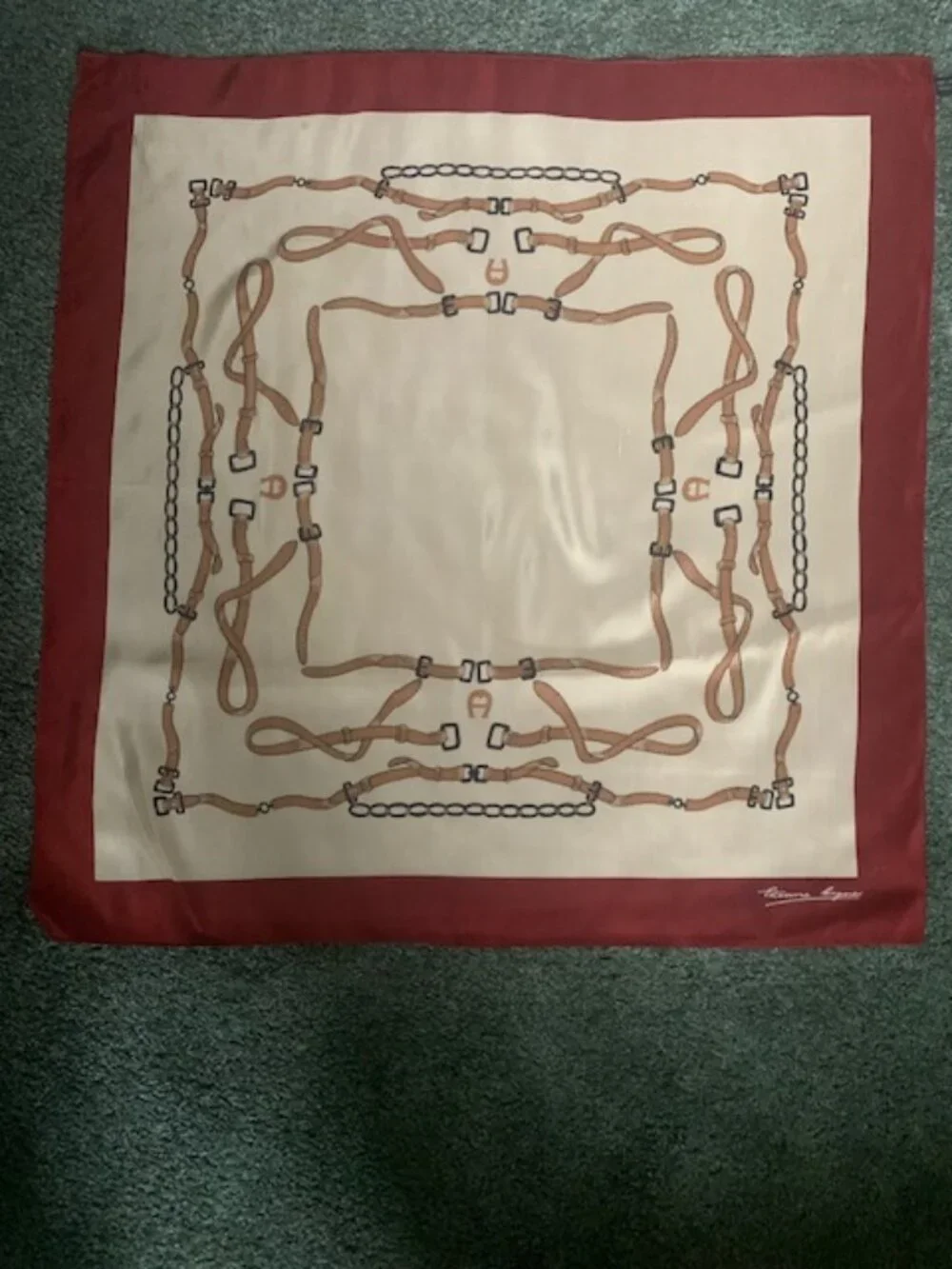 Etienne Aigner Burgundy and Tan Belt Silk Square Scarf 25x 25